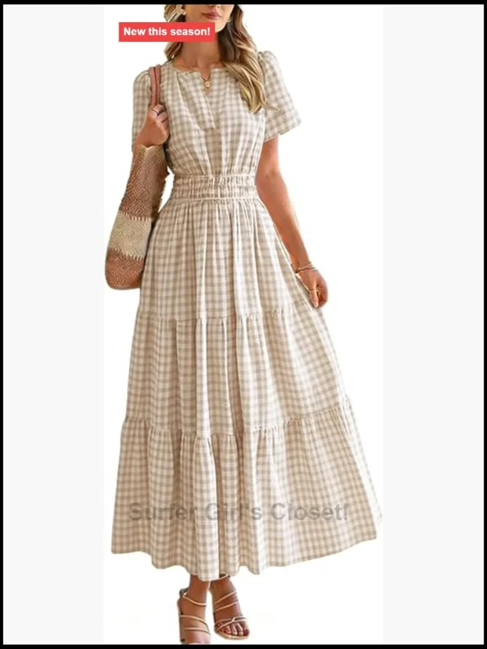 Boho Plaid Maxi Dress V-Neck Short Sleeve Elastic Waist Ruffle Hem Pockets